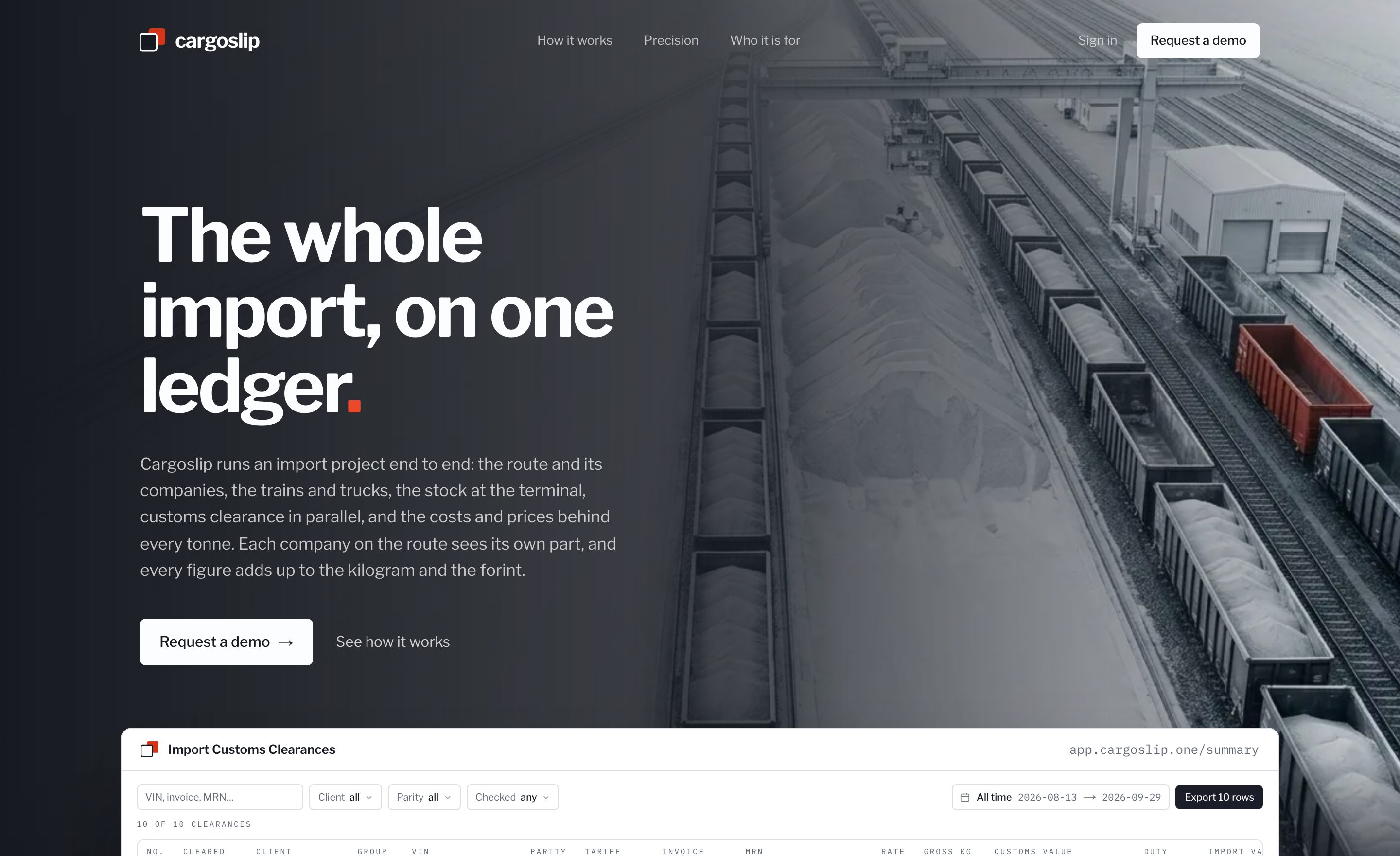 The Cargoslip home page: a rail terminal and the import customs clearance summary table.
