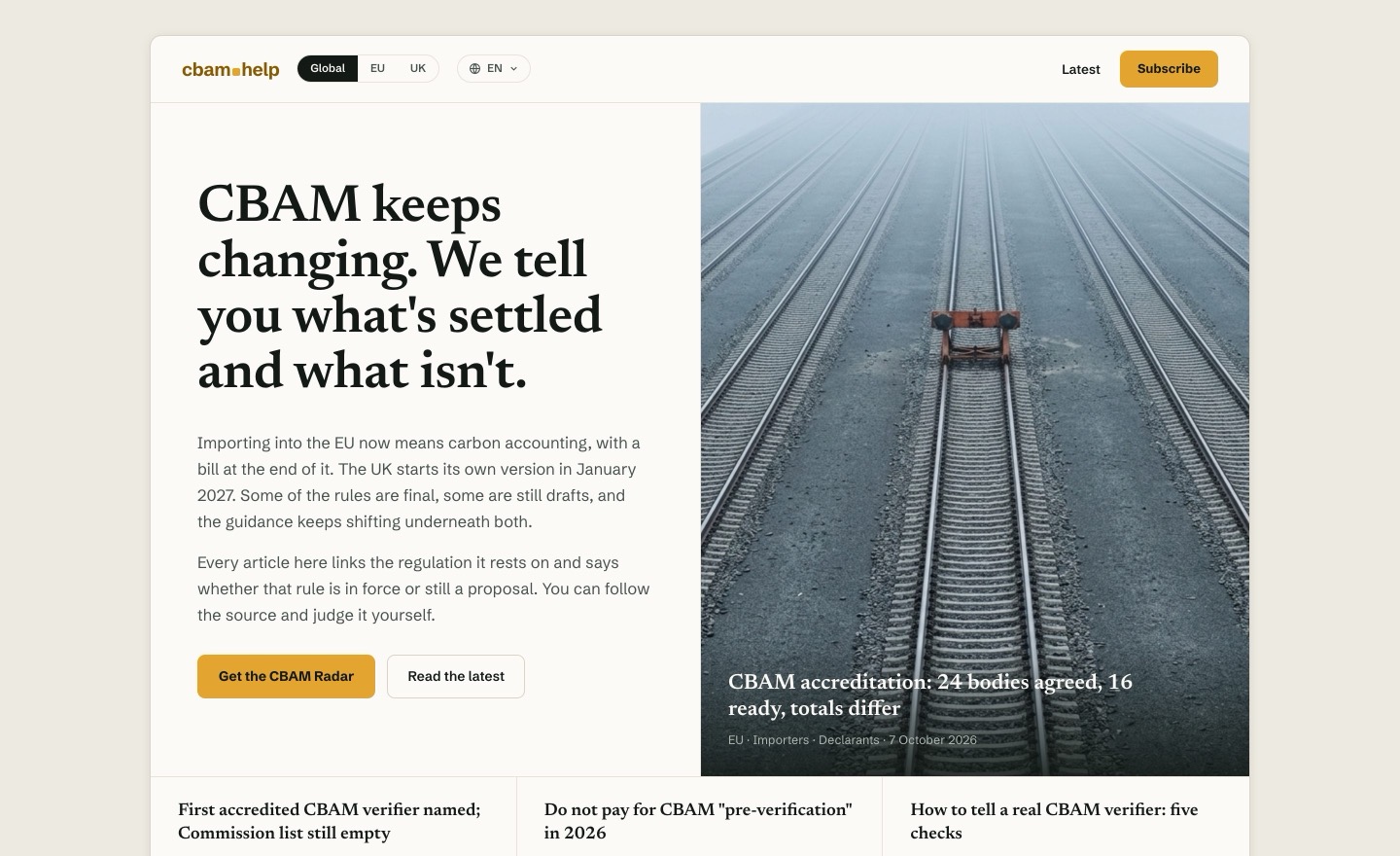 The CBAM.Help front page with the latest briefing.