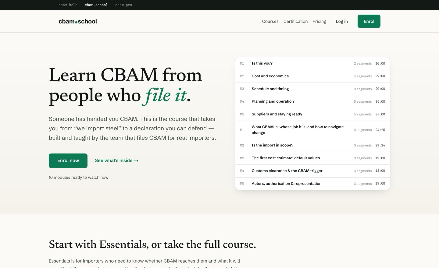 The CBAM.School home page with the module list.