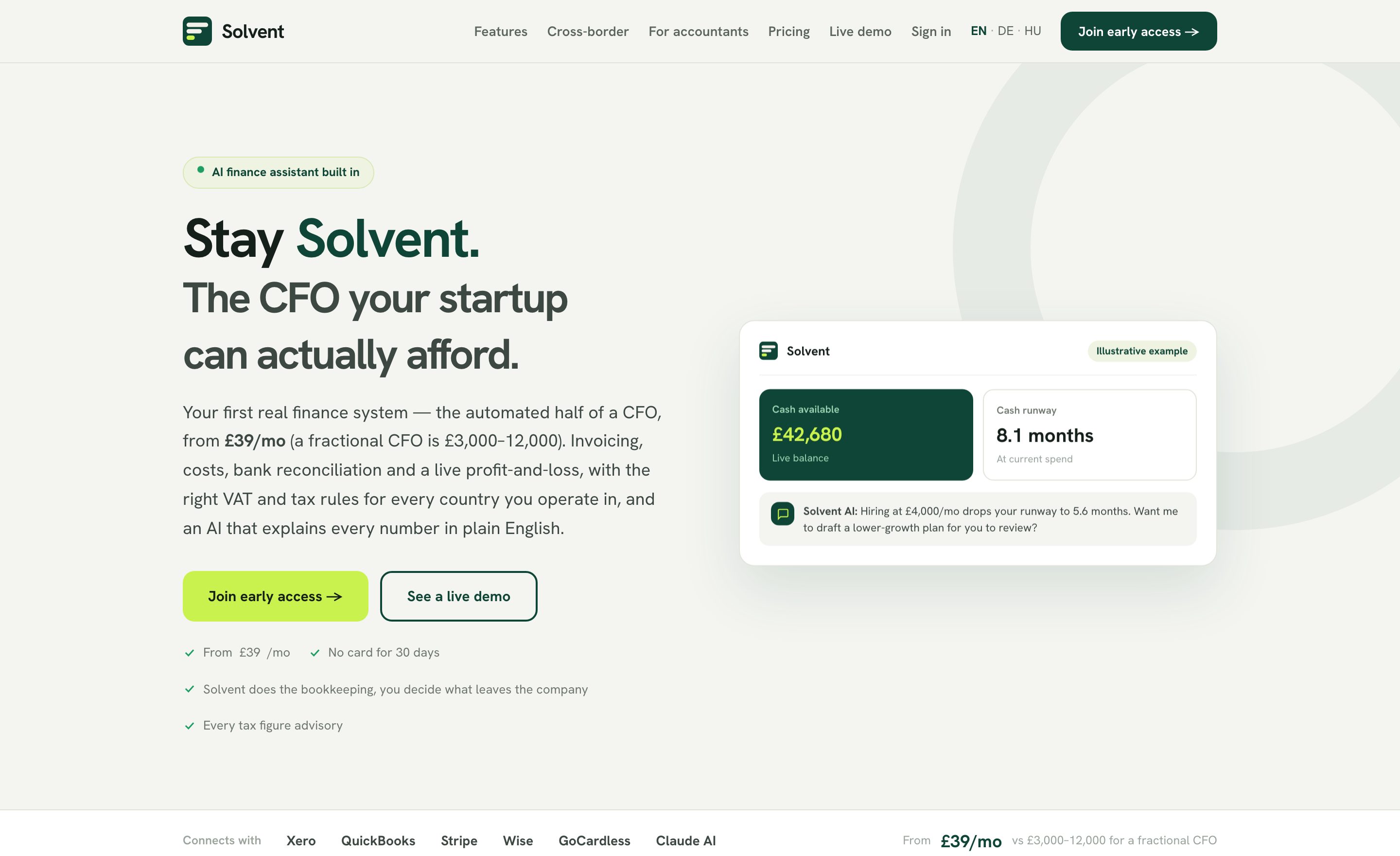 The Solvent home page: cash available, cash runway and the AI finance assistant answering a hiring question.