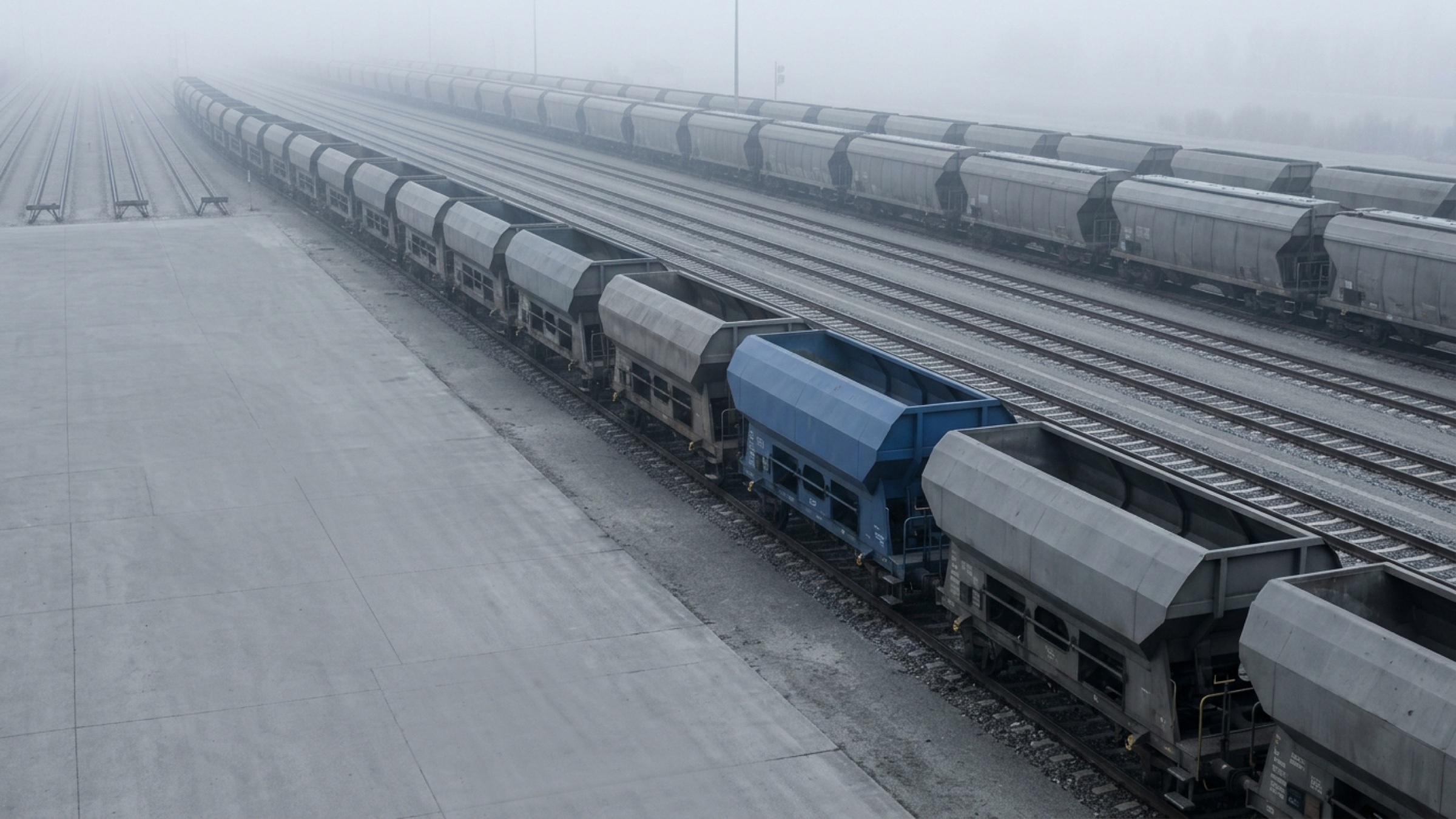Grey hopper wagons receding into fog at a rail terminal, one of them steel blue.